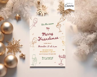 Op de afbeelding: Een feestelijke uitnodigingskaart met de tekst "Merry Friendsmas" in bordeauxrode letters, met lijntekeningen van cocktailglazen en handen die wijnglazen vasthouden. De kaart bevat evenementdetails en is omgeven door gouden ornamenten en witte bevroren takken.