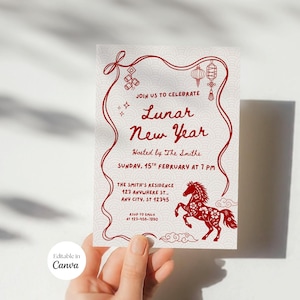 May include: A Lunar New Year invitation with red decorative elements and text. The invitation includes the text "Join us to celebrate Lunar New Year" and features a red horse illustration. The invitation is held by a person.