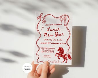 Editable Lunar New Year Invitation, Chinese Lunar Party Invite, Horse Lunar New Year, Year of Fire Horse, Chinese Birthday, Bow, Template