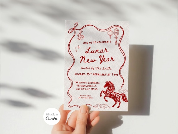 Editable Lunar New Year Invitation, Chinese Lunar Party Invite, Horse Lunar New Year, Year of Fire Horse, Chinese Birthday, Bow, Template