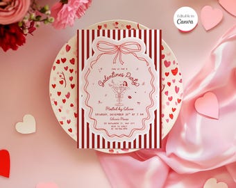 Invito modificabile per il giorno di San Valentino, invito per la serata tra ragazze di San Valentino, scarabocchio di San Valentino disegnato a mano, fiocco per cena e pranzo Coquette C101