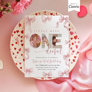 Faire-part premier anniversaire Coquette noeud rose, 1er anniversaire pour filles, Faire-part 1er anniversaire Little Miss Onederful avec photo, ruban bohème