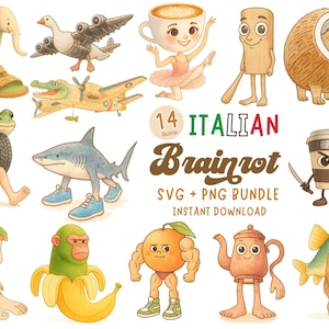 Italiaanse Brainrot 14 doodle tekens SVG PNG-bundel, ballerina krokodil Tung Tung Sahur Tralalero voor stickers Cricut sublimatie clipart