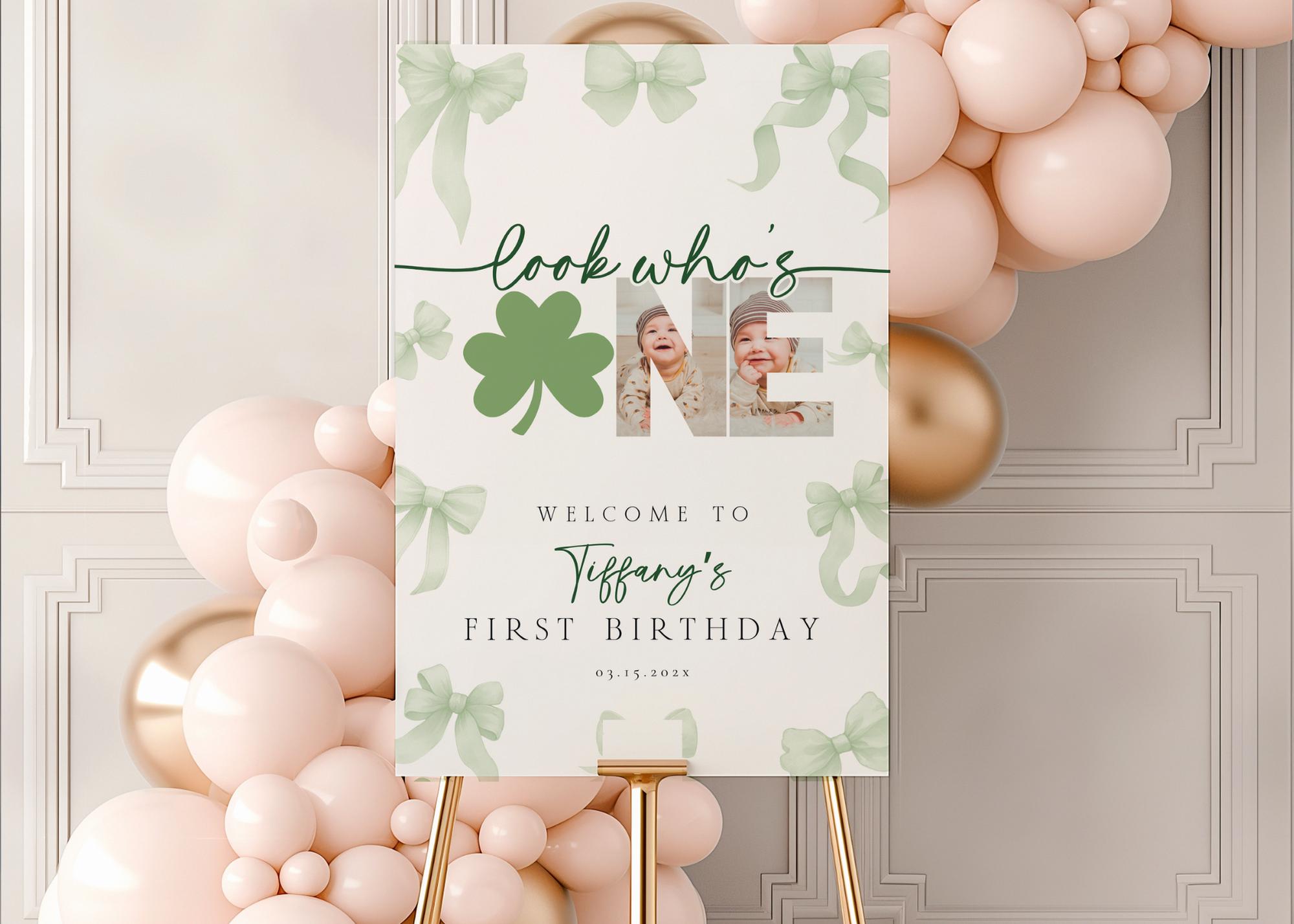 Green Bow First Birthday Welcome Sign, Lucky One, 1st Birthday Poster ...