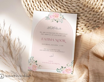 May include: A pink and white baby announcement card with floral illustrations. The card reads "We are overjoyed to announce the arrival of our baby girl, Fatima Noor, Saturday, Jan 13th, 5 AM. May Allah protect her and make her among the righteous.  Amin. Love, Salman & Maureen."