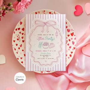 May include: An invitation for an Iftar Party, featuring a pink and white striped background. The invitation has a decorative border with a bow and illustrations of food and a lantern. The plate has a heart pattern, and the background includes pink hearts and flowers.