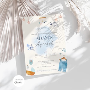 Invito Aqeeqah per bambino, annuncio di nascita di un bambino musulmano, annuncio di nascita di un bambino maschio modificabile, annuncio di nascita islamico, modello Canva