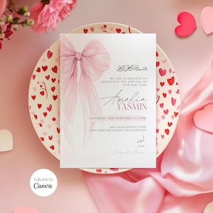Muslim Baby Birth Announcement, Editable Baby Girl Birth Video Announcement, Islamic Birth, Bow, Pink Ribbon, Coquette, Canva Template