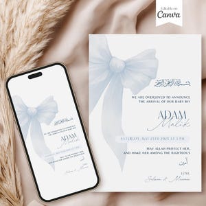 Muslim Baby Birth Announcement, Editable Baby Boy Birth Video Announcement, Islamic Birth Announce, Bow, Coquette, Ribbon, Canva Template