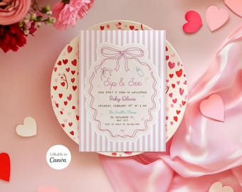 Invitación para baby shower "Sip and See", editable, dibujada a mano, para conocer a una niña, rosa, lazo coqueto, plantilla Canva B004