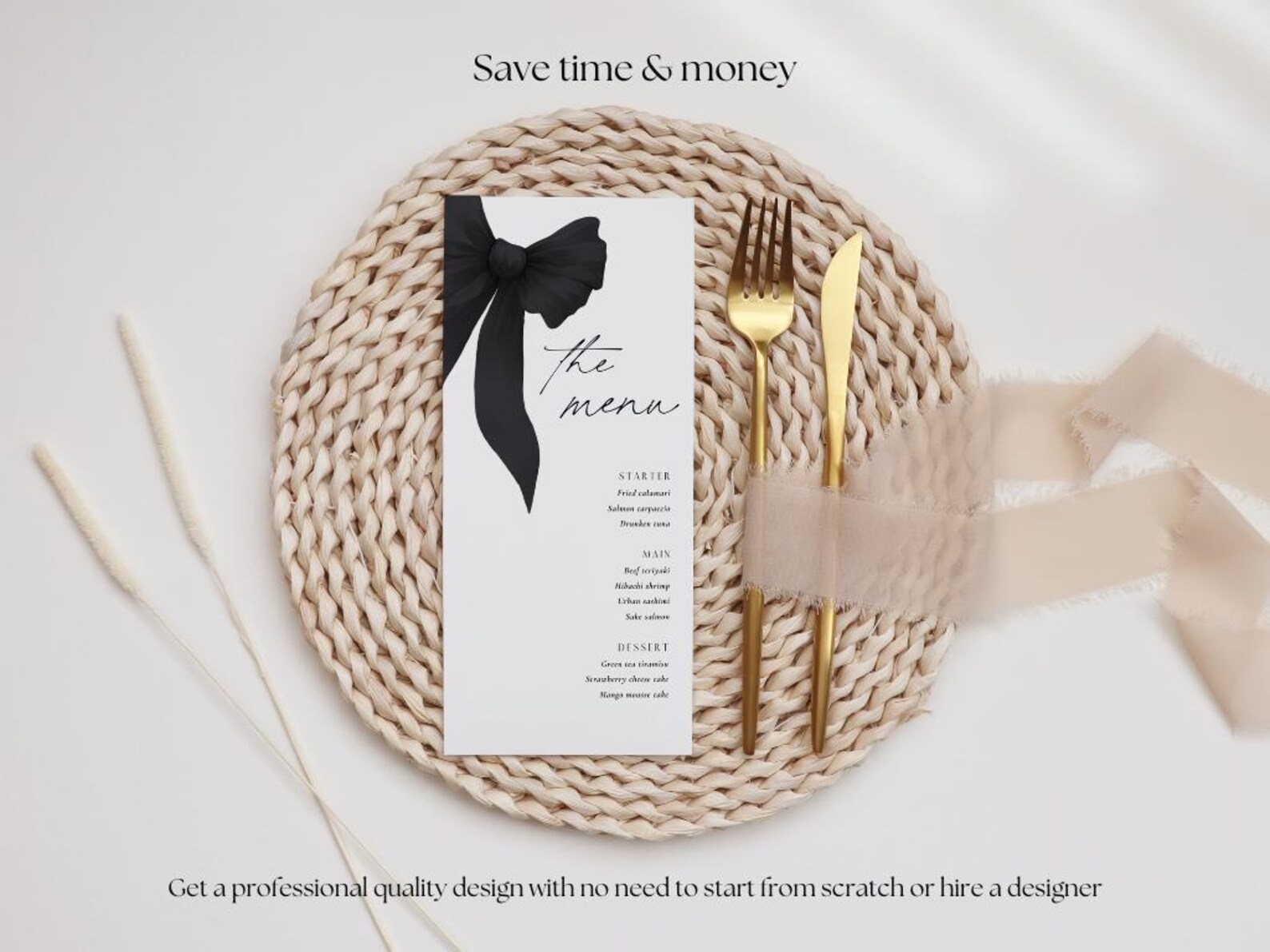 Bow Menu Template, Ribbon Wedding Menu Card, Black Bow Menu Slim, Menu ...
