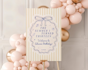 The Summer I Turned Thirteen Welcome Sign, Any Age Poster, Coastal 13th 30th Birthday, Seashell, Ocean, Beach Party Sign, Editable Canva