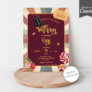 Chocolate Factory Inspired Birthday Invitation, Magician Invite Card, Roses, Canva Template, Digital Download