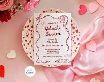 Invitación a cena Hibachi, invitación a almuerzo de cumpleaños Hibachi, fiesta en restaurante japonés, rojo, lazo, coqueta, plantilla editable de Canva F003