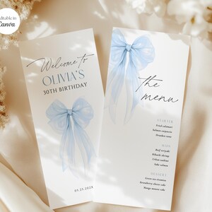 May include: Two white invitation cards with light blue bow illustrations. The left card reads "Welcome to OLIVIA'S 30TH BIRTHDAY" with the date "05.25.202X". The right card says "the menu" with a list of food items.