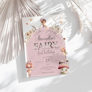 Convite de primeiro aniversário de fada, Fada da floresta encantada, Cartão de convite para jardim secreto mágico, Festa de fadas fantástica, Download digital, Canva
