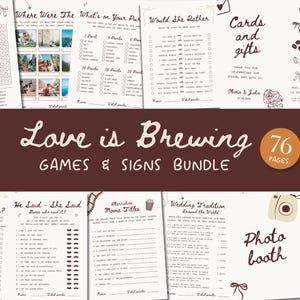 Liebe braut 76 Brautduschen-Spiele-Zeichen-Bündel, Kaffeeliebhaber-Partyspiele, Kaffee-Themen-Partyschilder, bearbeitbarer Canva Digital Download