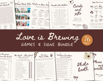 Love is Brewing 76 Gry na wieczór panieński Znaki Pakiet, Gry na imprezę dla miłośników kawy, Znaki na imprezę o tematyce kawy, Edytowalny Canva Digital Download