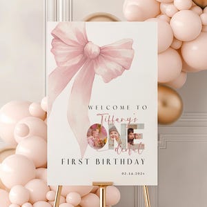 Rosa Schleife Erster Geburtstag Willkommensschild, 1. Geburtstag Poster für Mädchen, Onederful 1. Geburtstag Willkommensschild mit Bild, Boho Band, Coquette