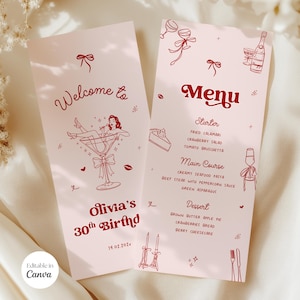 Puede incluir: Dos tarjetas de menú rosas con texto e ilustraciones en rojo. Una tarjeta dice "Bienvenida a" con una mujer en una copa de martini. La otra dice "Menú" con una lista de alimentos. Las tarjetas son para el 30 cumpleaños de Olivia.