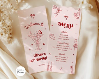 Editable Birthday Menu Card Template, Hand Drawn Menu Cards, Cocktail Girl, Coquette Custom Dinner Menu, Doodle, Bridal Shower, Canva A001