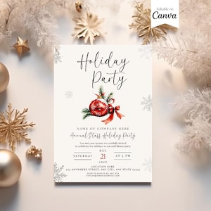 May include: Holiday party invitation with a festive design. The invitation features the text "Holiday Party" in elegant script, a red ornament with greenery, and snowflakes. The text "Editable on Canva" is in the top right corner.