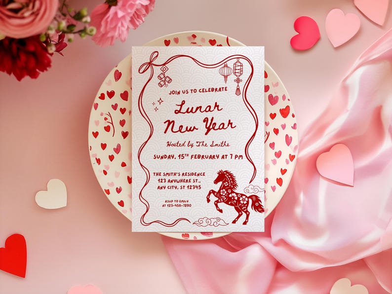 Puede incluir: Una tarjeta de invitaci&oacute;n del A&ntilde;o Nuevo Lunar con texto e ilustraciones en rojo, incluyendo un caballo, linternas y bordes decorativos. La tarjeta est&aacute; sobre un plato con patrones de corazones, rodeada de corazones y flores rosas.