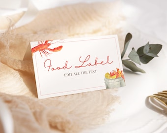 May include: A white card with red text that says "Food Label" and "Edit all the text". The card is decorated with a watercolor illustration of a lobster and a bucket of seafood.