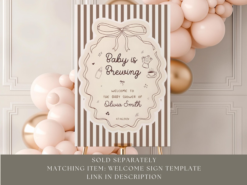 Editable Baby is Brewing Baby Shower Invitation, Coffee Baby Party Invite, Coffee Party, Bow Coquette, Espresso Party, Canva Template B001 image 9