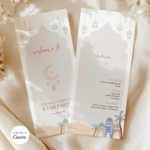Bearbeitbare Eid Dinner Party Menükarte, Iftar-Menükarte Vorlage Dinner Party, Ramadan Eid Mubarak Tischdekoration, Printable Download, Canva, C201