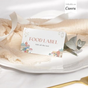Etiquetas de comida para Eid editables, tarjetas de lugar para Ramadán, letreros personalizados para Eid, decoración para Ramadán Eid Mubarak, etiquetas para mezquitas, descarga digital de plantillas de Canva
