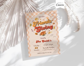 May include: A retro-style invitation for a Friendsgiving event. The design features a peach and white checkered background with the words "Friends Giving" in orange and red. Includes details for the event hosted by The Smith's.