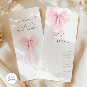 Editable Pink Bow Menu Template, Bridal Shower Menu, Ribbon Wedding Menu Card, Rehearsal Dinner Menu Slim, Birthday 4x9 Menu, Canva Template