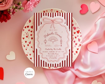 Invitación a cena Hibachi, invitación a almuerzo de cumpleaños Hibachi, fiesta en restaurante japonés, rojo, lazo, coqueta, plantilla editable de Canva, F005
