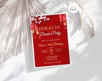 Hibachi Dinner Invitation, Hibachi Birthday Lunch Party Invite, Japanese Restaurant Party, Red, Gold, Editable Canva Template F001