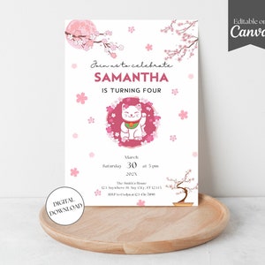Faire-part d'anniversaire chat porte-bonheur japonais, fille Maneki Neko rose, carte d'invitation fleur de cerisier Sakura, modèle modifiable toile, téléchargement immédiat
