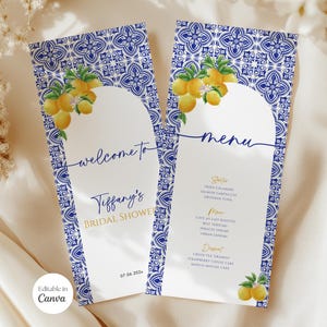 Modelo de cardápio para chá de panela na Costa Amalfitana, cardápio para casamento com azulejos azuis e tons mediterrâneos, limão, azul e cítrico, cardápio personalizado, Canva