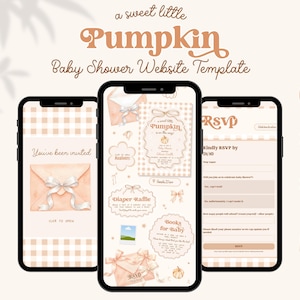 Puede incluir: Una plantilla de sitio web para baby shower titulada a sweet little Pumpkin con un patrón de cuadros vichy en beige y blanco. El diseño incluye pantallas móviles que muestran una invitación, formulario de RSVP y detalles con sobres en acuarela.