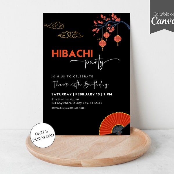 Hibachi Dinner Birthday Invitation, Hibachi Lunch Party Invite, Japanese Restaurant Party, Canva Editable Template, Instant Download