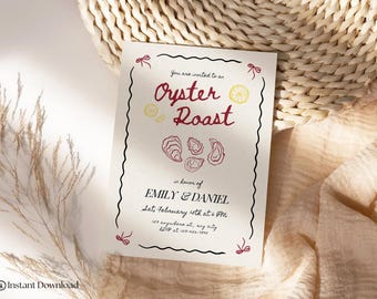May include: A white invitation card with black and red text. The card is for an oyster roast in honour of Emily & Daniel. The card has a drawing of oysters and lemons.