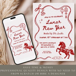 Puede incluir: Un dise&ntilde;o de invitaci&oacute;n rojo y blanco para el A&ntilde;o Nuevo Lunar. La invitaci&oacute;n presenta el texto "A&ntilde;o Nuevo Lunar" e incluye una ilustraci&oacute;n de un caballo. La invitaci&oacute;n se muestra en un tel&eacute;fono inteligente y una tarjeta impresa.