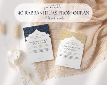 May include: Two printable cards with gold and blue geometric designs. The cards feature Arabic text and the words "Dua Asking for Forgiveness and Strength" and "Dua Guidance and Mercy Stability in the Righteous Path".