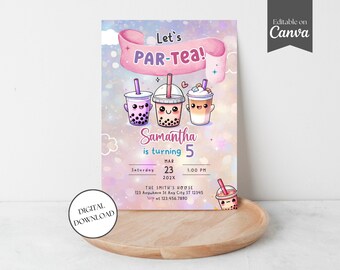 Boba Tea Geburtstagseinladungsvorlage, Par-Tea-Einladung, Par Tea-Einladungskarte, Boba Milk Tea-Geburtstagsfeiereinladung, bearbeitbare Canva