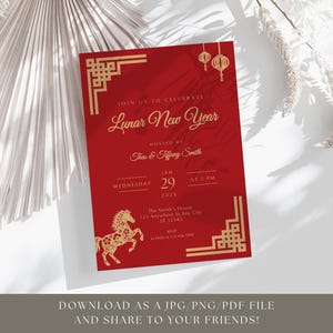 Invito modificabile per il capodanno lunare, invito per festa lunare cinese, cavallo per il capodanno lunare, cavallo dell'anno del fuoco, modello di compleanno cinese in oro rosso immagine 4