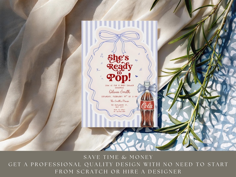 May include: A baby shower invitation with a vintage design. The invitation features the text "She's Ready to Pop!" in red script, a cola bottle illustration, and blue accents. The invitation is on a blue and white striped background.