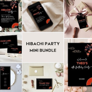 Mini pacote de festa de aniversário com jantar Hibachi, convite para festa de almoço Hibachi, restaurante japonês, sinal de boas-vindas, modelo editável do Canva