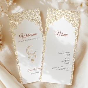 Cartão de menu para jantar de Iftar editável, decoração de mesa para Ramadan Eid Mubarak, modelo de menu para jantar, menu islâmico, modelo Canva, digital