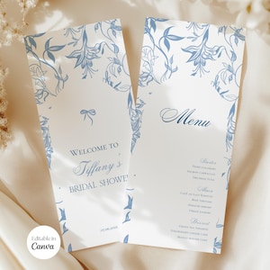 French Toile Hochzeits-Menükarte, etwas Blaues Bevor ich Brautparty-Menü tue, Schleife Hochzeitsmenü Geburtstags-Menükarte 10x23, Canva Vorlage
