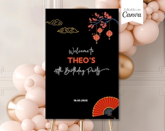 Letrero de bienvenida para fiesta de cumpleaños con cena hibachi, letrero para almuerzo hibachi, restaurante japonés, decoración de bienvenida, plantilla editable de Canva F004