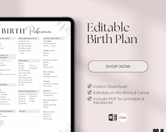 Preferencias de parto sencillas, Plan de parto natural, Lista de verificación editable para el planificador de parto en Word, Plantilla de Canva, Plan de parto hospitalario, Doula, Matrona